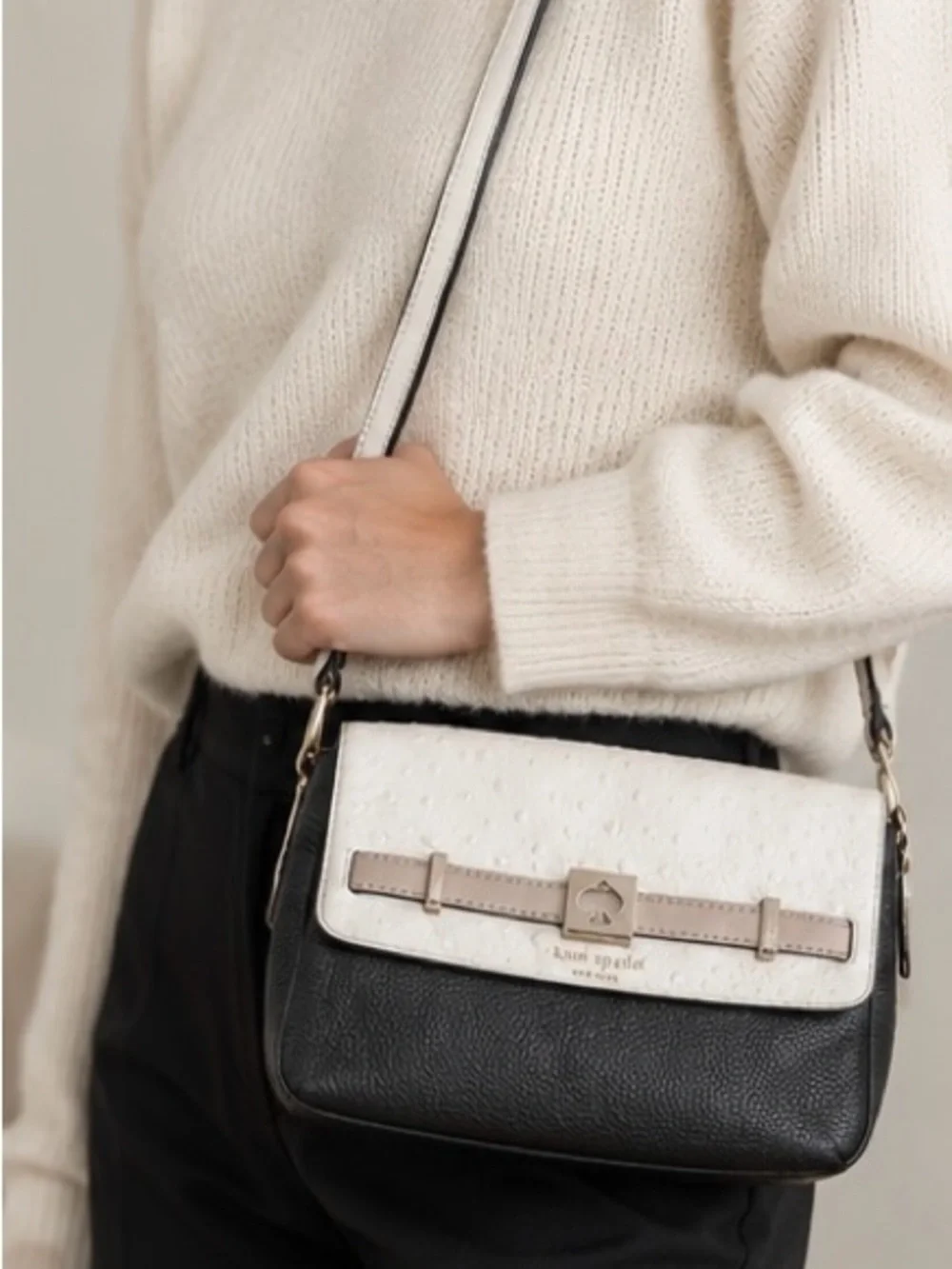 kate spade ostrich embossedBlack, White and Beige Crossbody Bag